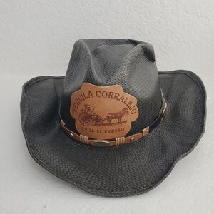 Rocha Hats Unitalla Western Cowboy Black Straw Hat Leather Tequila Patch